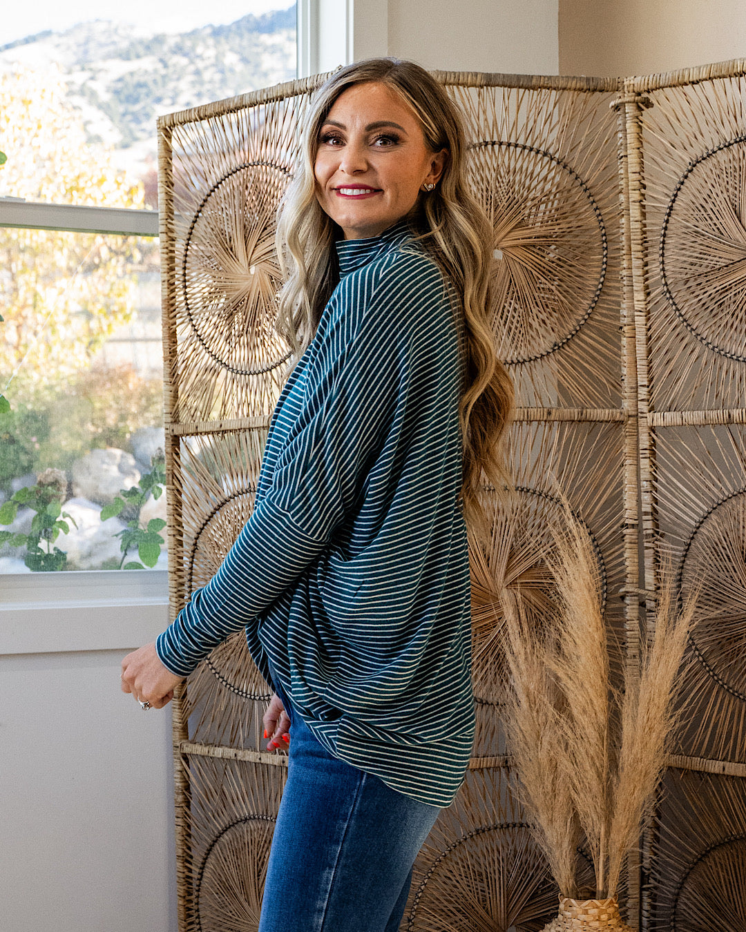 NEW! Here I Am Striped Dolman Sleeve Turtle Neck - Deep Green & Cream Double Zero