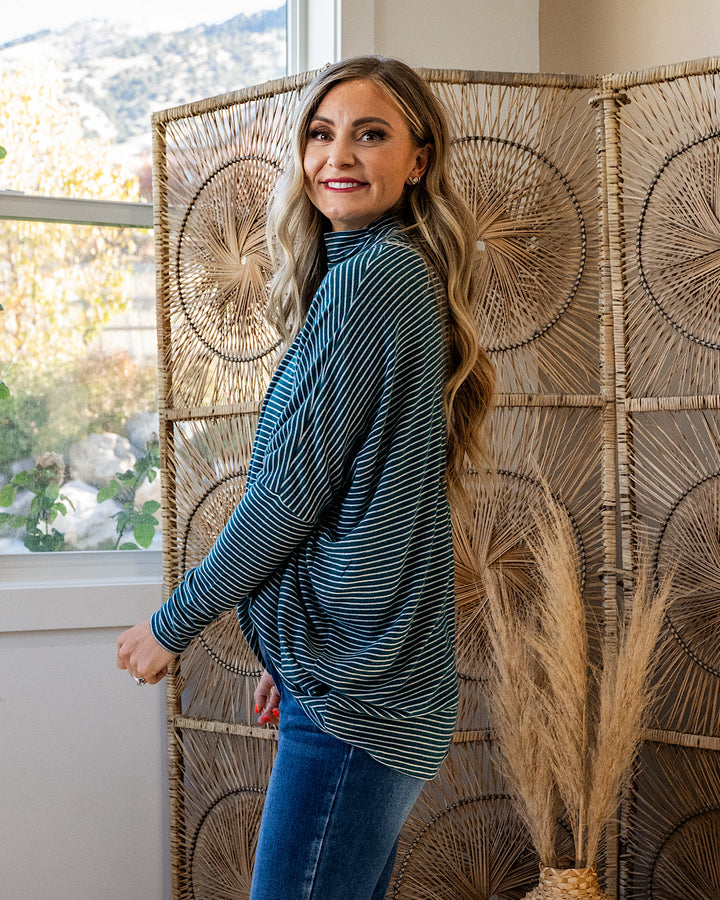 NEW! Here I Am Striped Dolman Sleeve Turtle Neck - Deep Green & Cream Double Zero