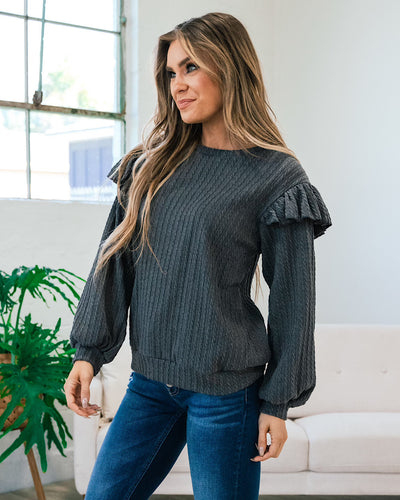 Corrine Textured Ruffle Shoulder Top - Charcoal  Lovely Melody   