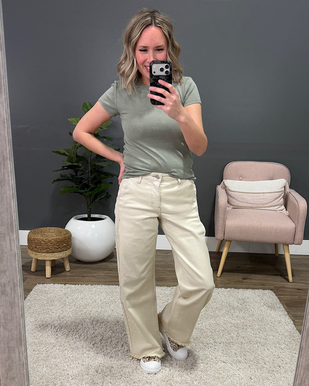 KanCan Natalie Fray Hem Wide Leg Jeans - Cream KanCan