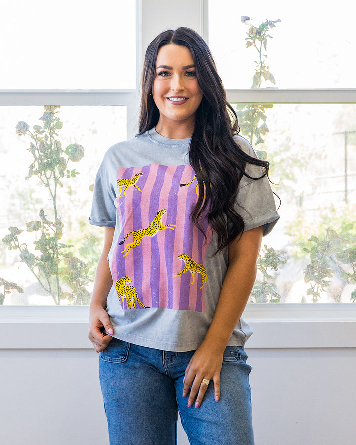 NEW! Striped Cheetah Gray Denim Tee Zutter