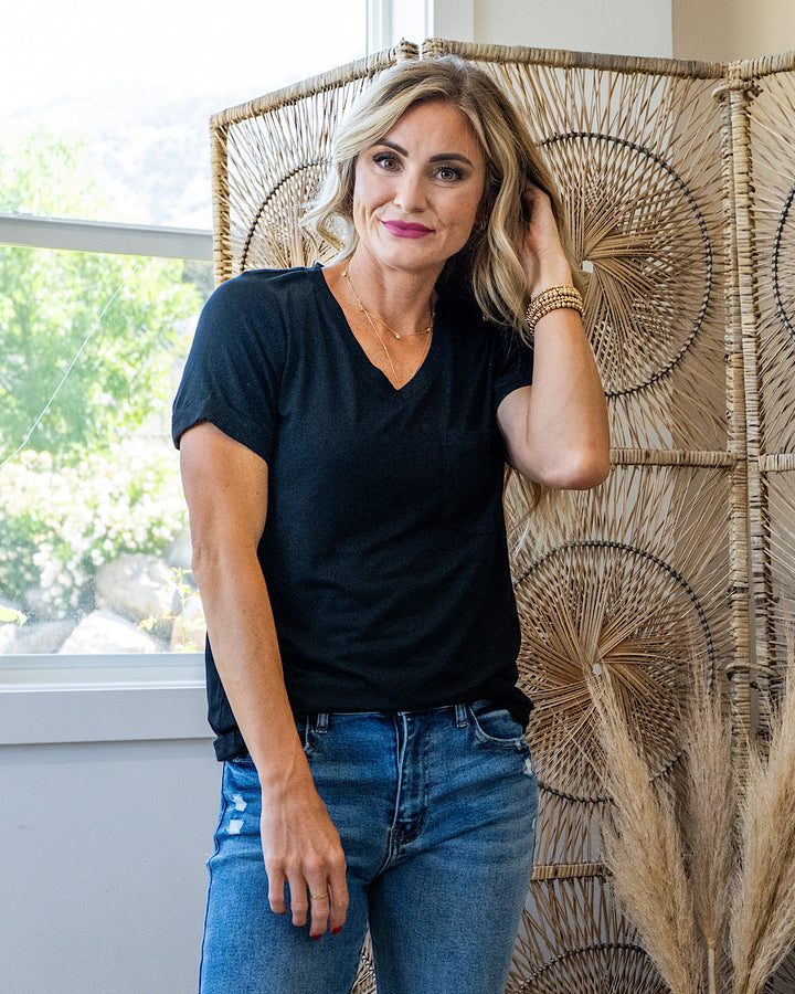 Step Right Out V Neck Pocket Top - Black Michelle Mae
