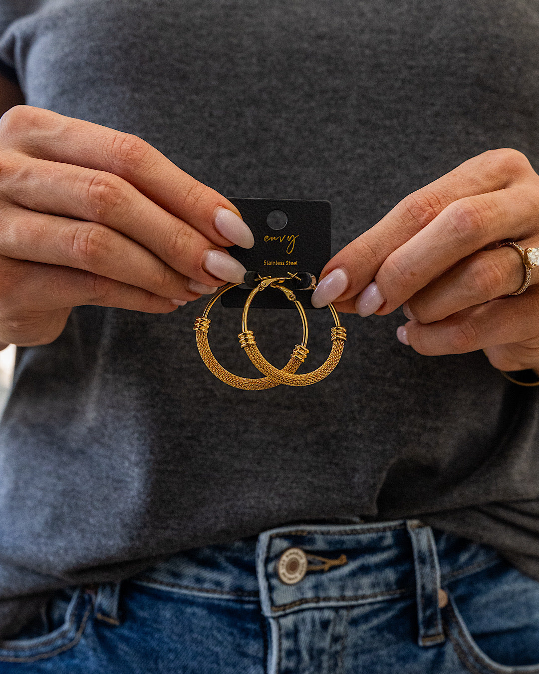 Stainless Steel Mesh Chain Hoop Earrings - Color Options Available! Trendy Wholesale Gold