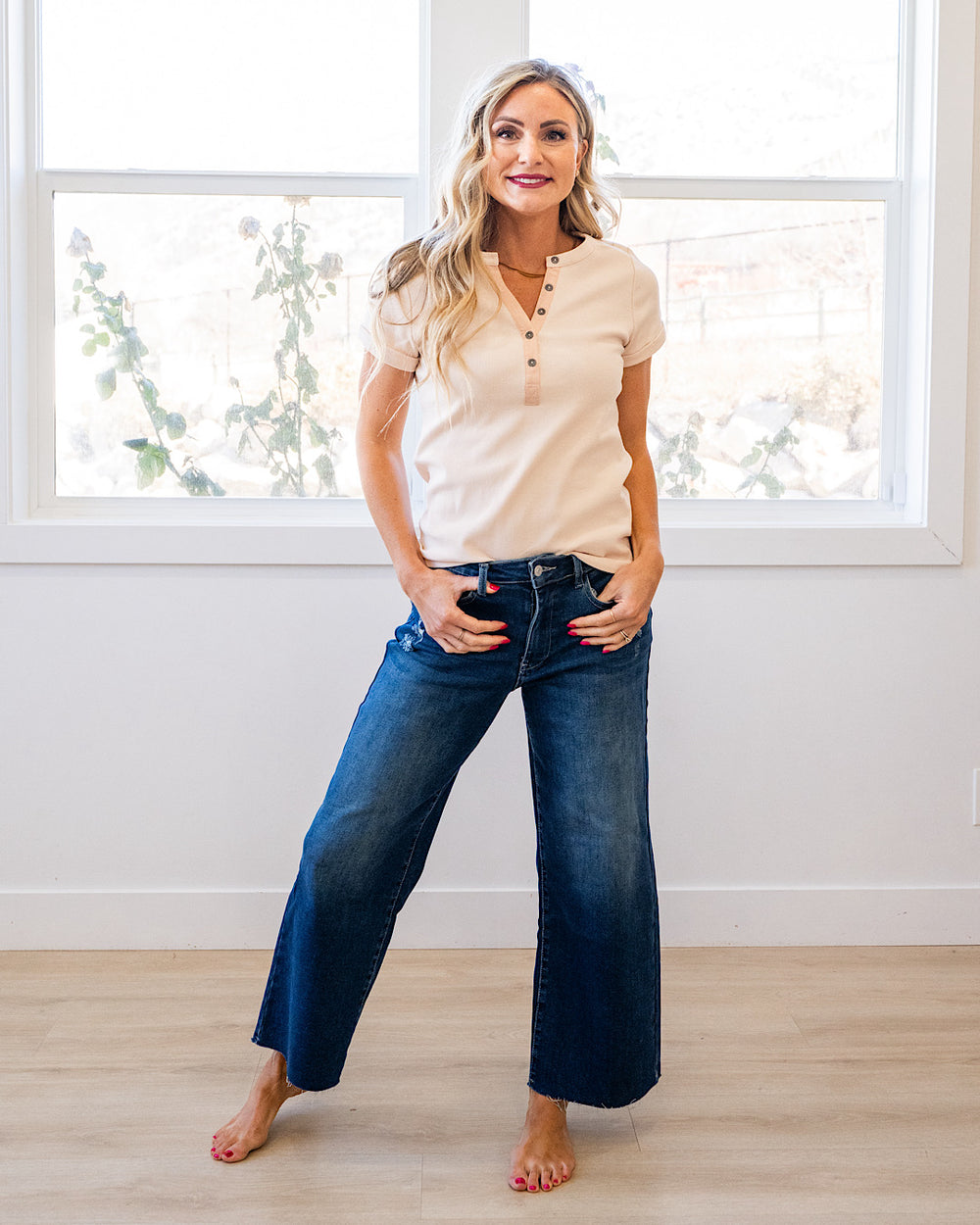 NEW! Amara Ribbed Knit V Neck Henley Top - Taupe Staccato