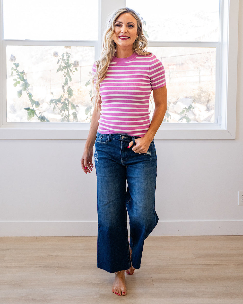 NEW! Delaney Striped Short Sleeve Sweater Top - Hot Pink Be Cool