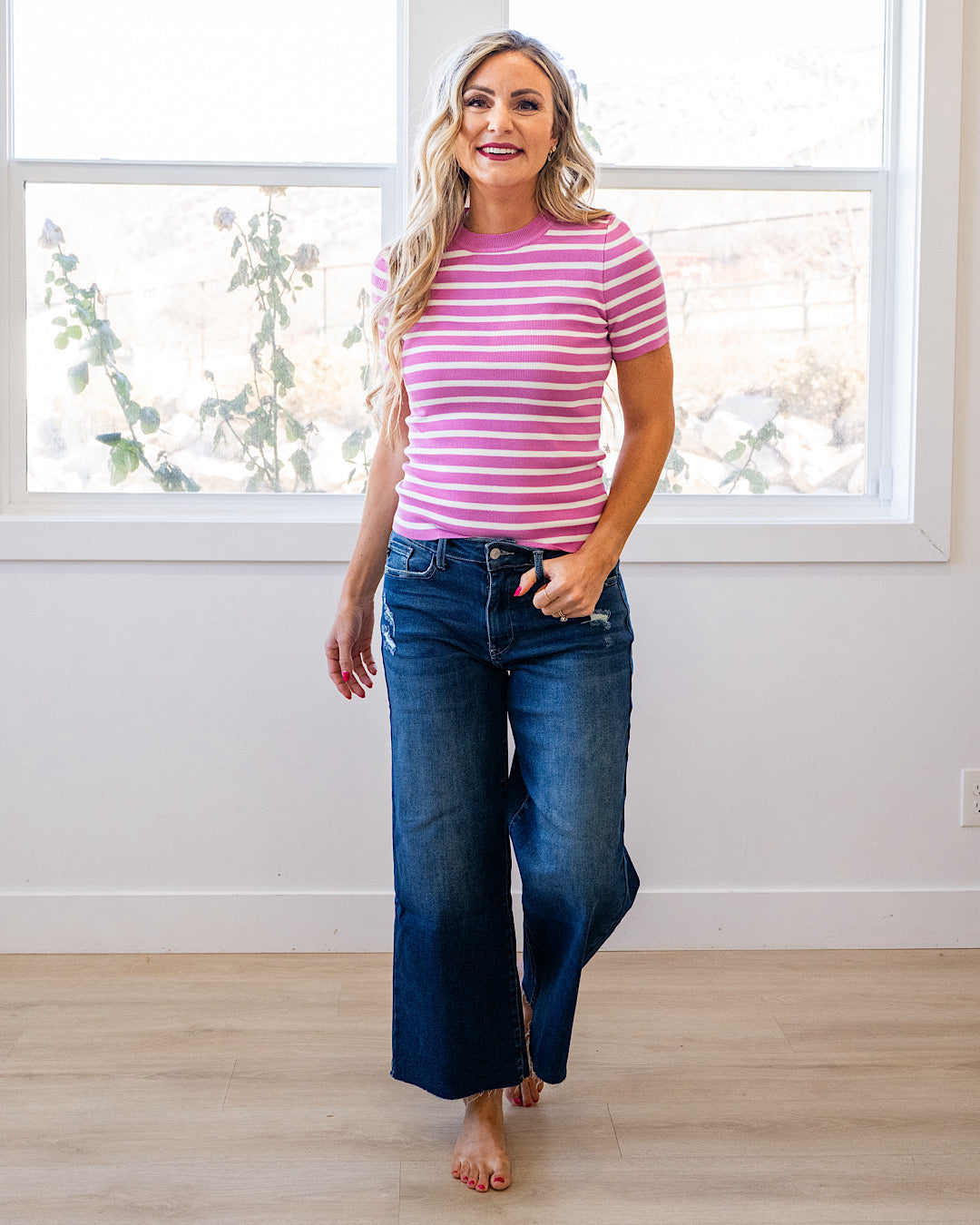 NEW! Delaney Striped Short Sleeve Sweater Top - Hot Pink Be Cool