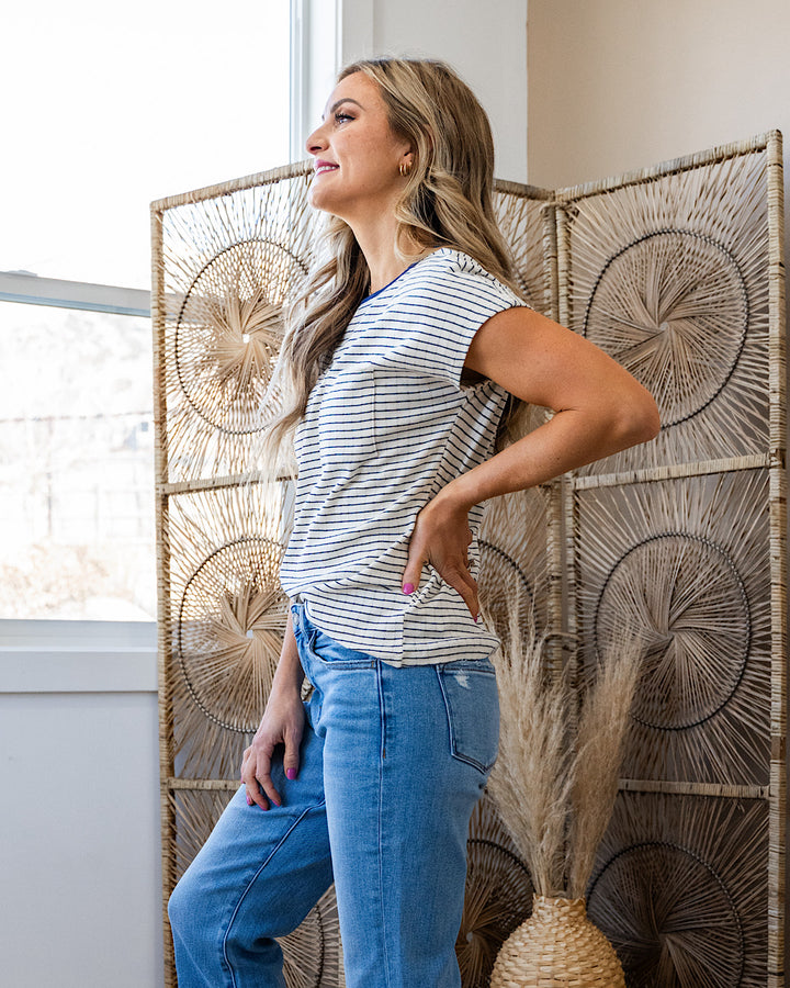 Kinley Pointelle Striped Pocket Top - Navy Staccato