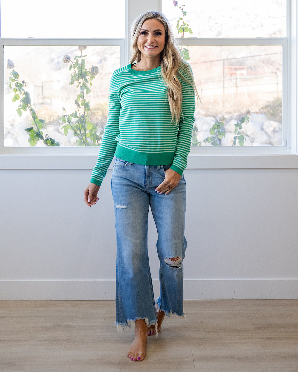 NEW! Lauren Striped Raglan Sweater - Green Staccato
