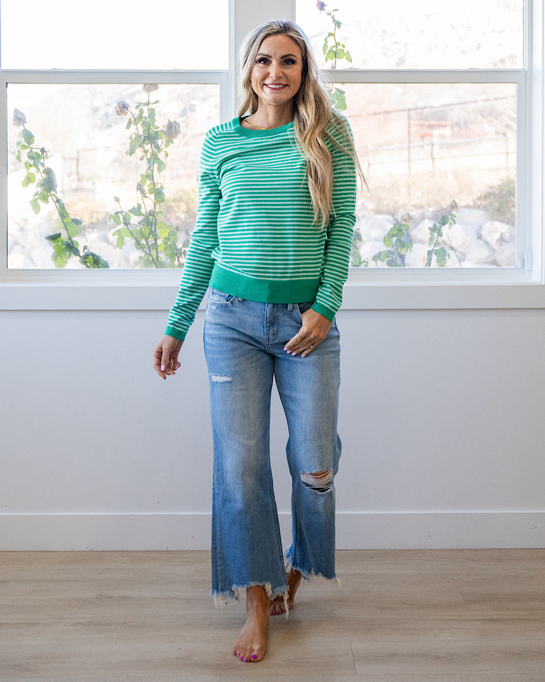 NEW! Lauren Striped Raglan Sweater - Green Staccato