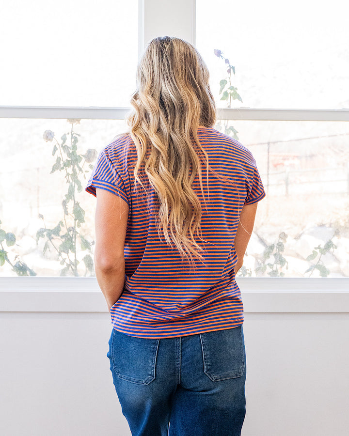 Nadia Striped V Neck Top - Orange & Royal Staccato