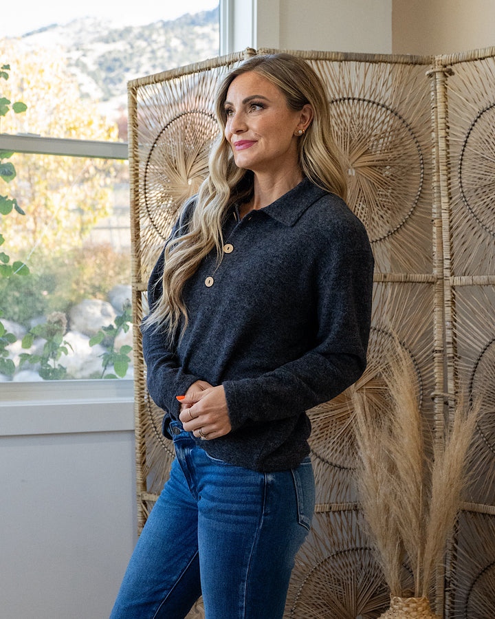 DOORBUSTER! Super Soft Henley Top - Black Zenana