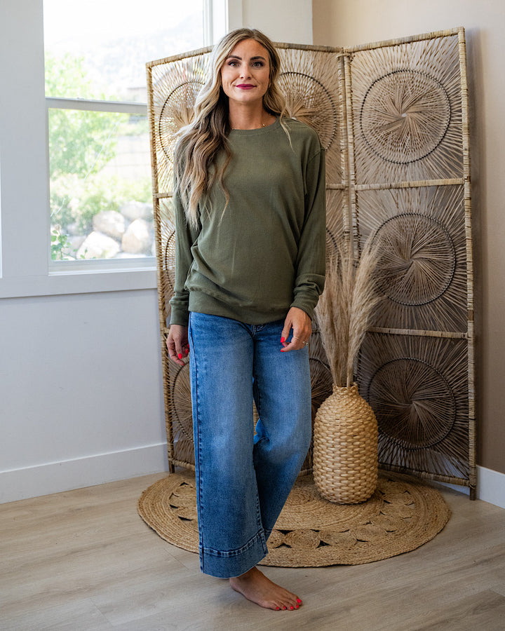 Mia Ribbed Crewneck Top - Olive Michelle Mae