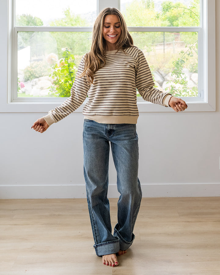 NEW! Jada Micro Brushed Striped Top - Ivory & Brown