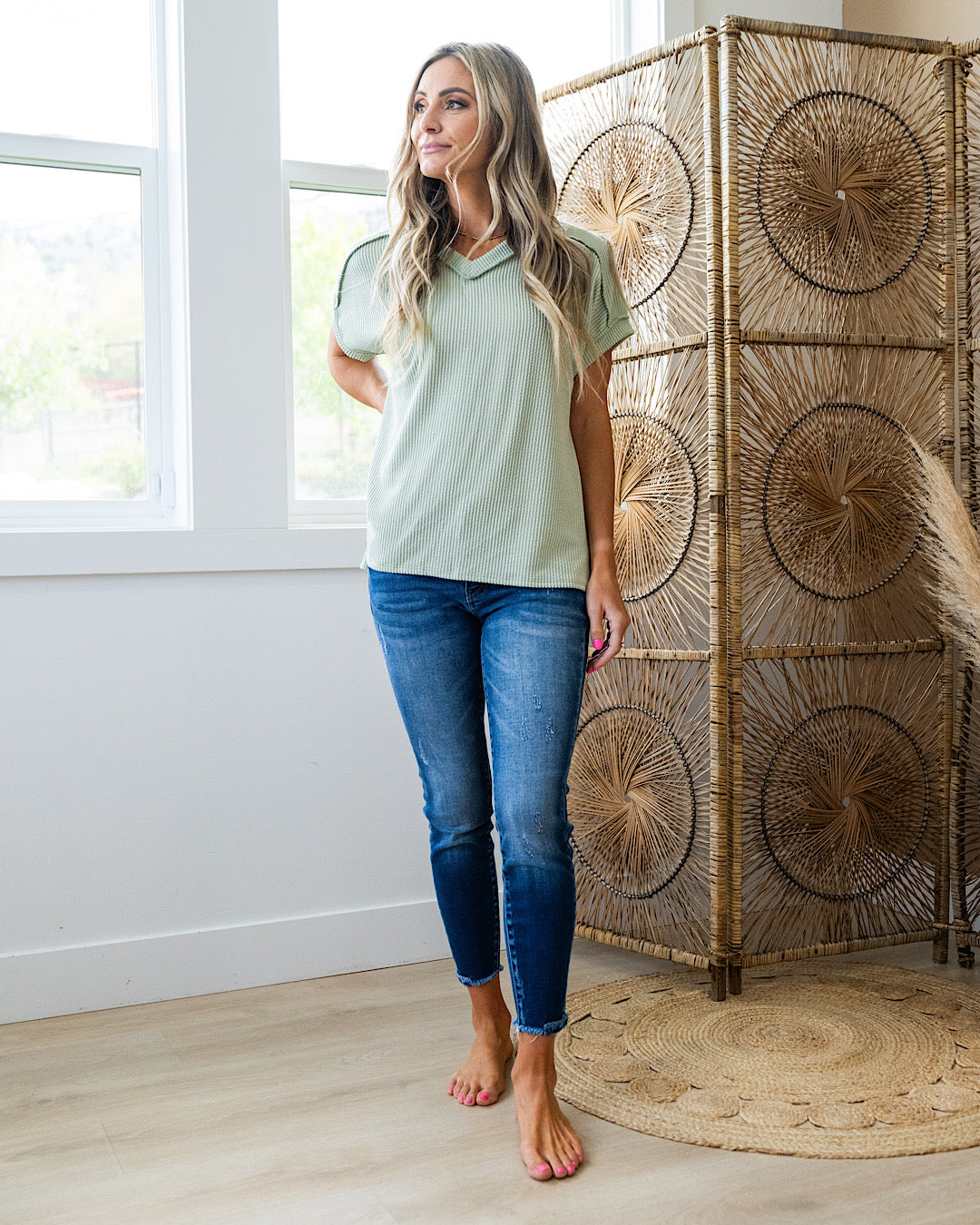 Mandy Corded V Neck Top - Sage  7th Ray   