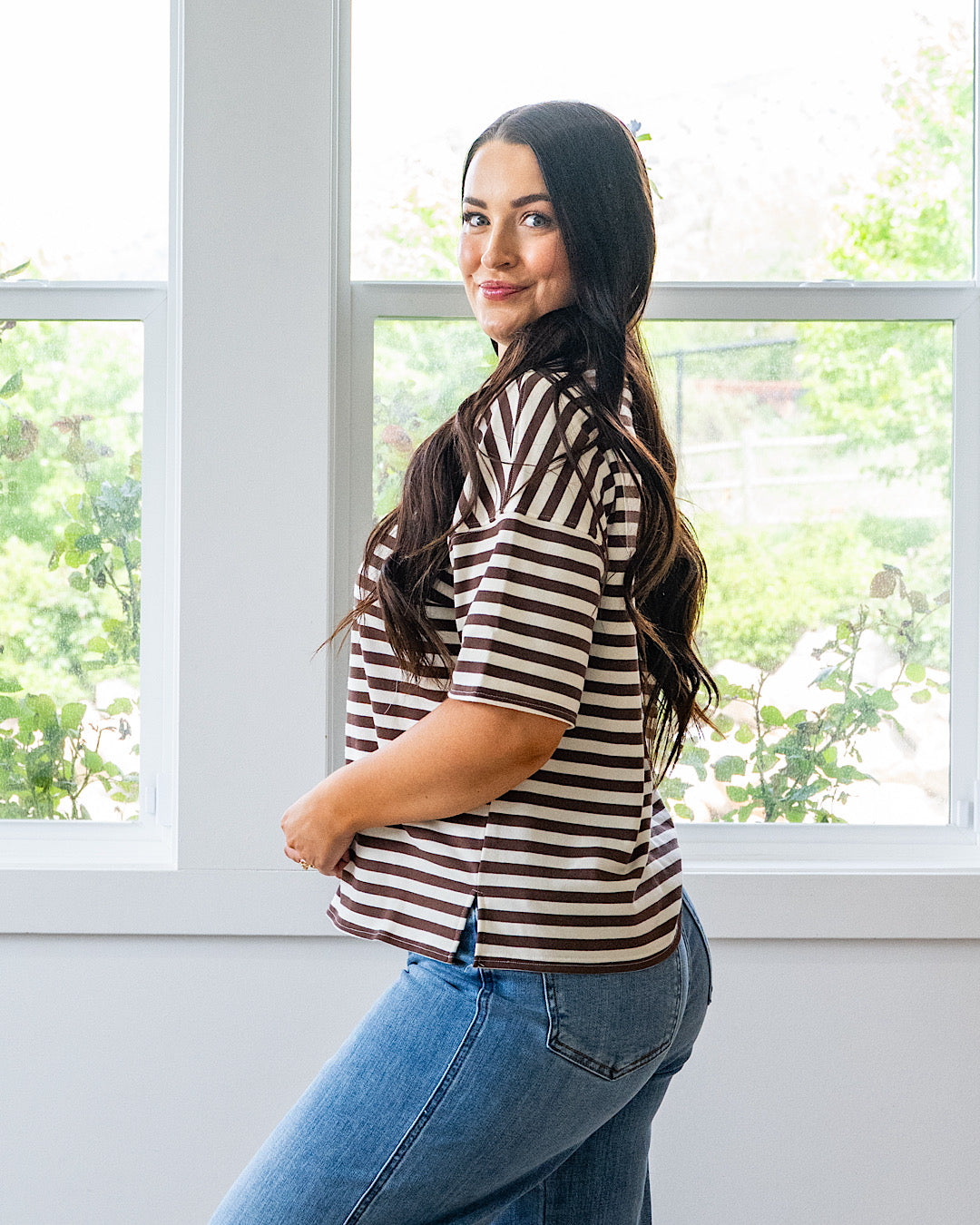 NEW! Hazel Contrast Striped Top - Dark Brown & Burgundy Mine