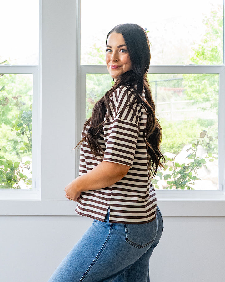 NEW! Hazel Contrast Striped Top - Dark Brown & Burgundy Mine