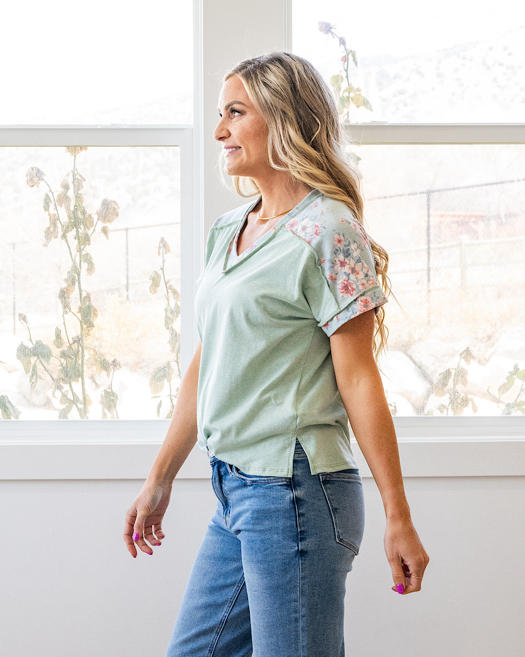 NEW! Ava Floral Color Block Top - Sage Lovely Melody