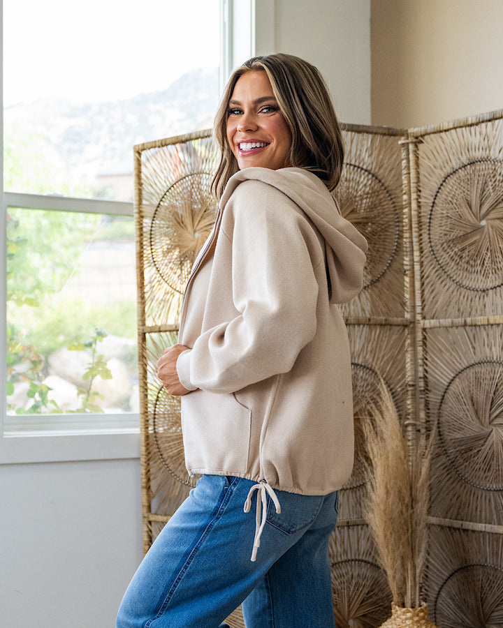 Brynn Drawstring Hem Zip Up Sweater Hoodie - Oatmeal Staccato