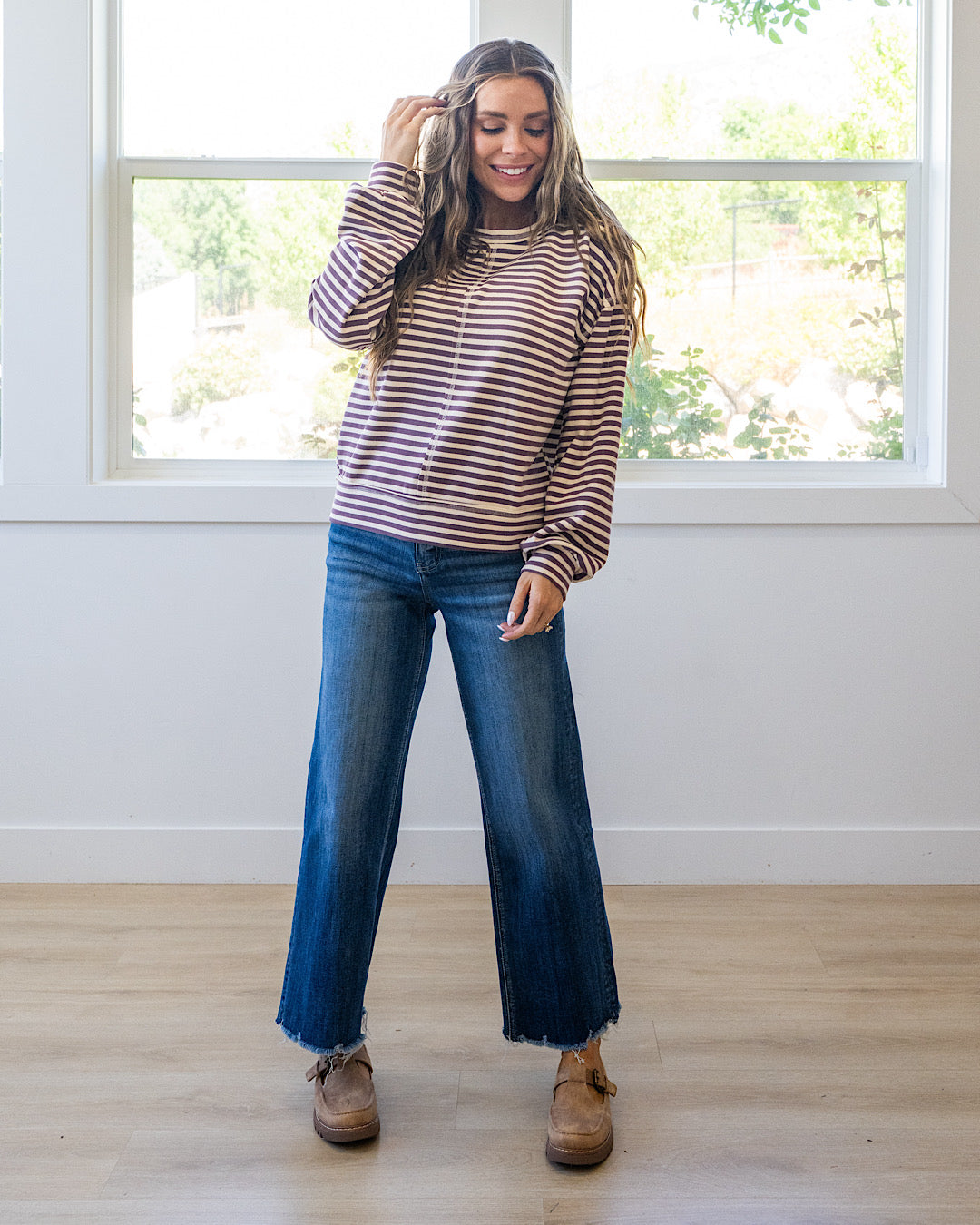 NEW! Kendra Striped Brushed Top - Eggplant