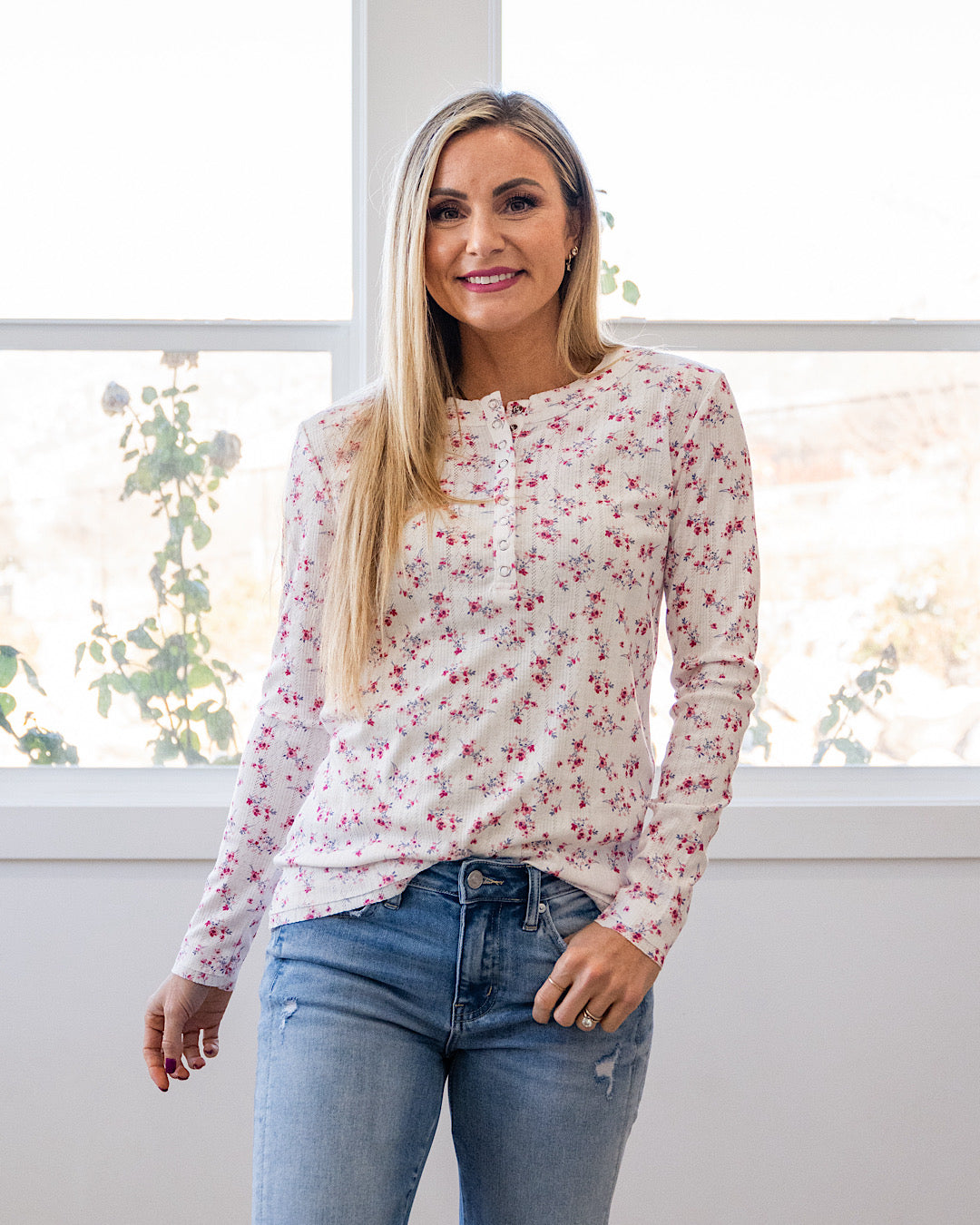 NEW! Christina Pointelle Henley Long Sleeve Top - Micro Pink Floral Michelle Mae