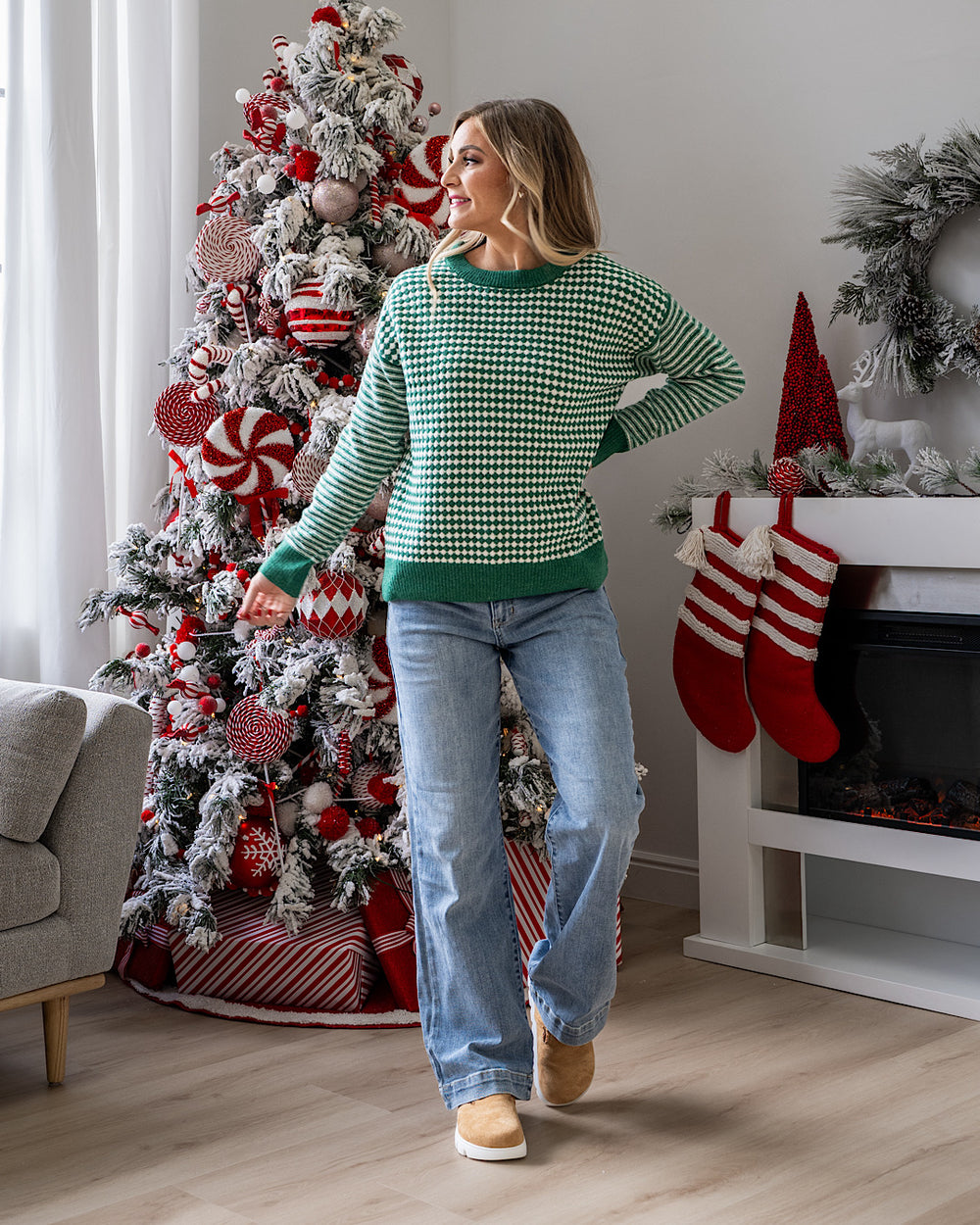 NEW! Home for the Holidays Contrast Pattern Sweater - Green Staccato
