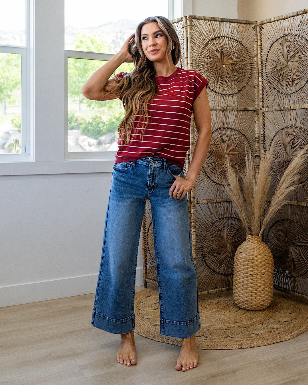 Allie Striped Short Sleeve Sweater - Marsala Staccato