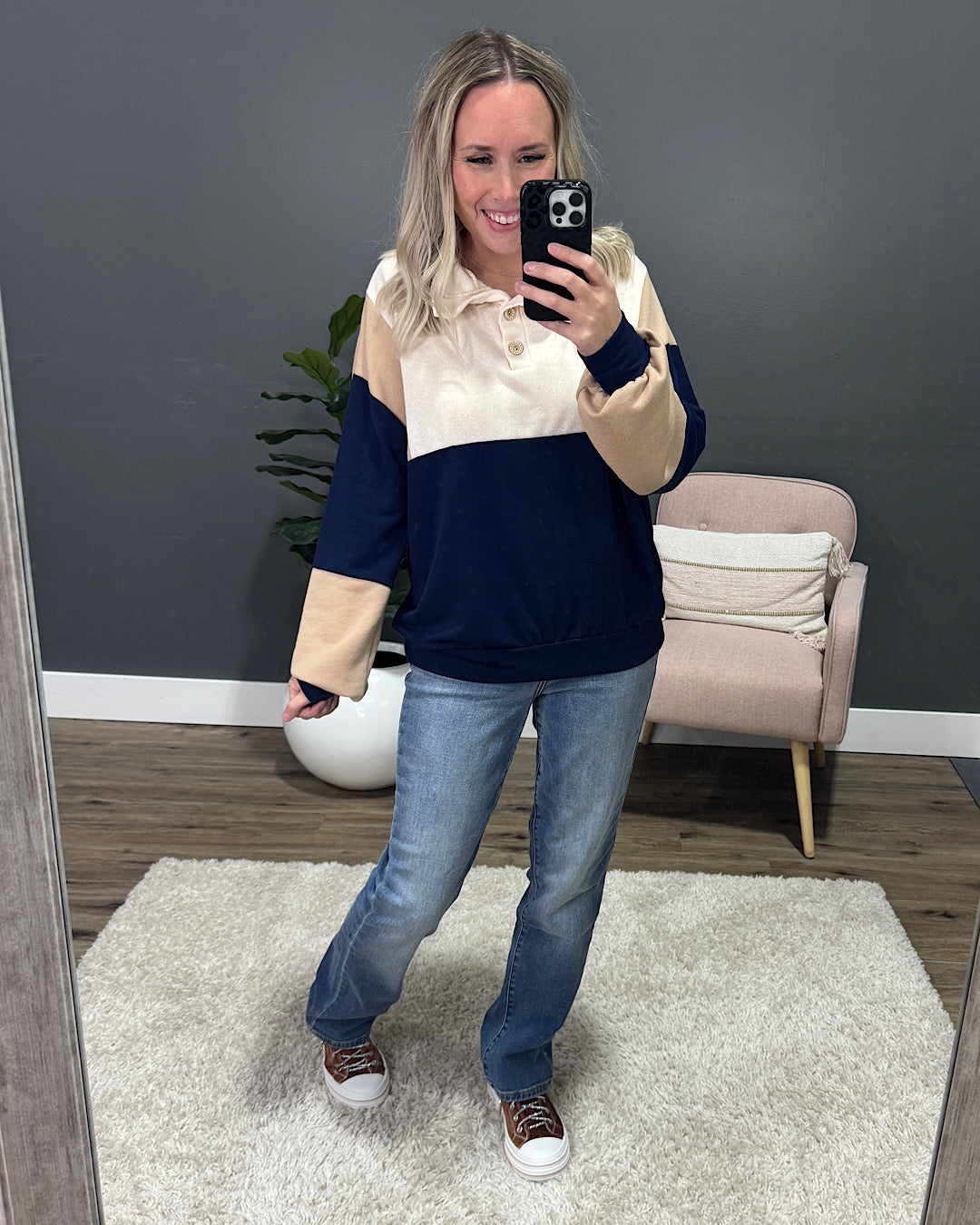 Izzy Color Block Henley Pullover - Navy, Taupe & Ivory Lovely Melody
