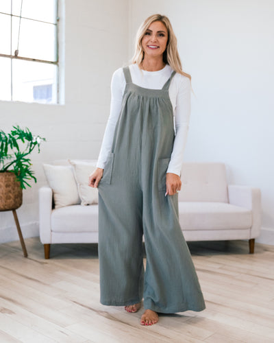 NEW! Gauze Wide Leg Overall Jumpsuit - Olive Gray  Ces Femme   