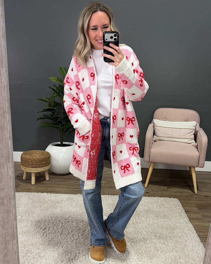 NEW! Valentine's Day Cloud Open Cardigan - Checkered Bows Blakeley