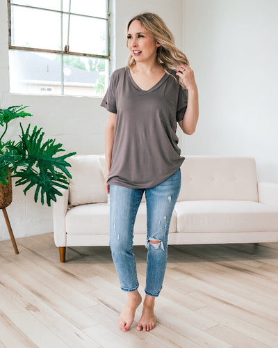 Bexley Ash Gray Boyfriend V Neck Top  Sew In Love   