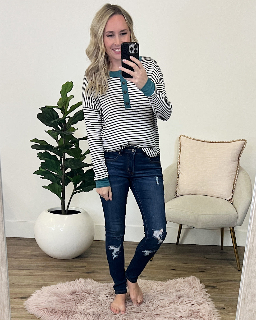 Kathryn Black Stripe and Teal Henley Top  Staccato   