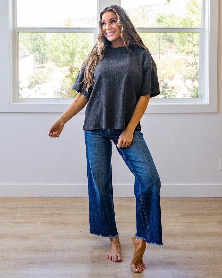 NEW! Paisley Corded Short Sleeve Top - Charcoal Tres Bien