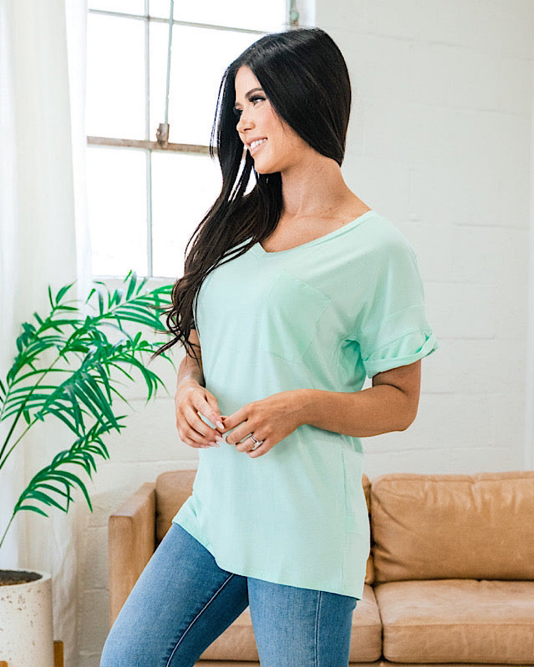 Bexley Mint Boyfriend V Neck Top  Sew In Love   