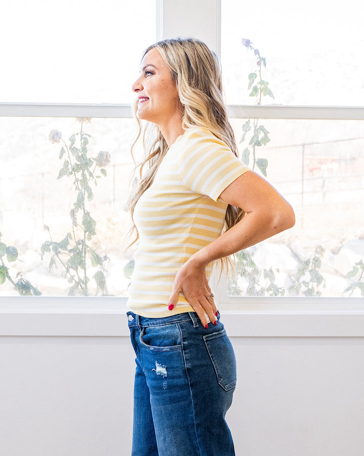 NEW! Delaney Striped Short Sleeve Sweater Top - Yellow Be Cool