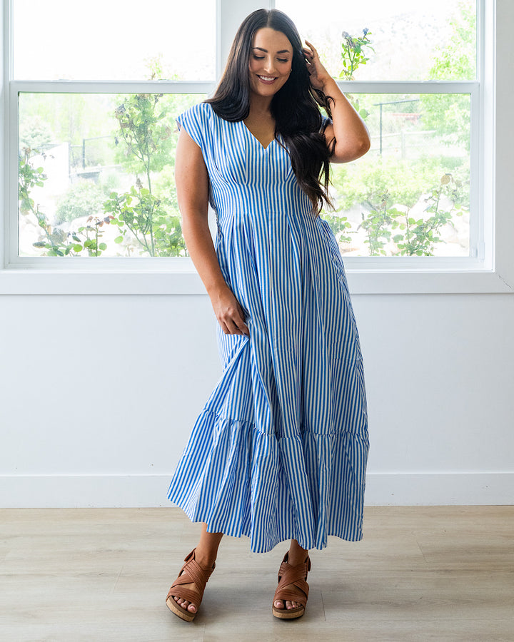 NEW! Trista Striped V Neck Maxi Dress - Blue Haptics