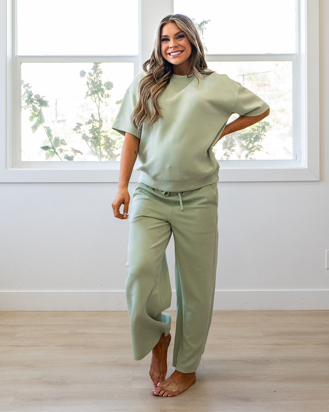 NEW! Kendall Scuba Fabric Wide Leg Pants - Pistachio Cream Rae Mode