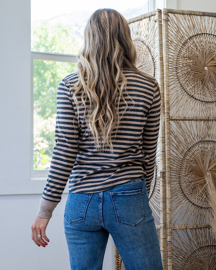 Claudia Striped Henley Top - Charcoal Staccato