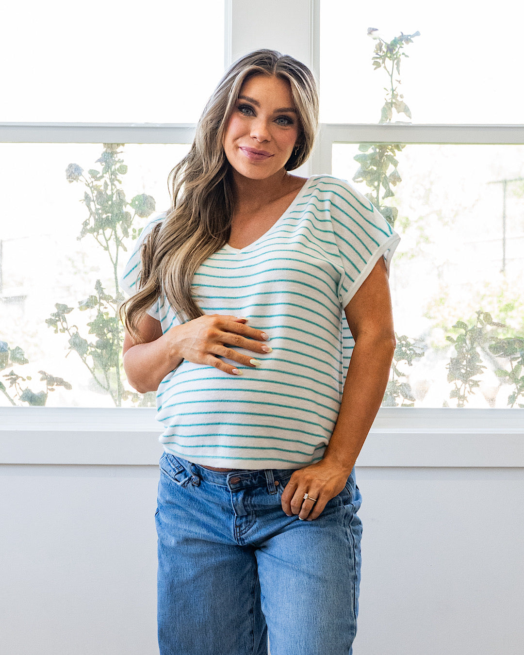 Candice Striped V Neck Sweater Top - Ivory & Navy Staccato