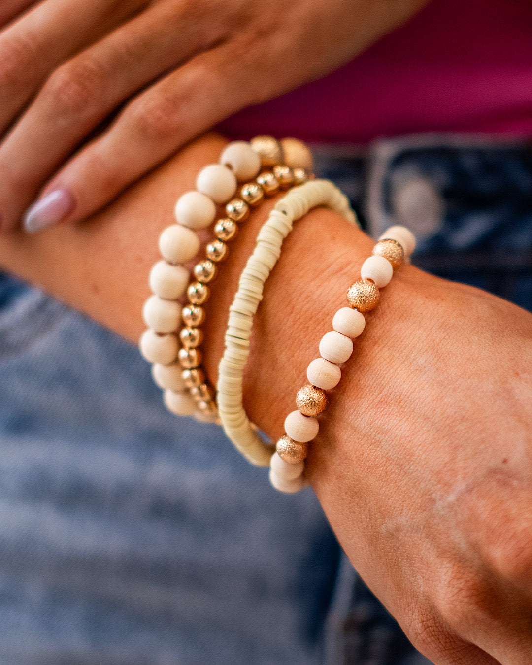 NEW! Wooden Bracelet Set - Natural and Gold