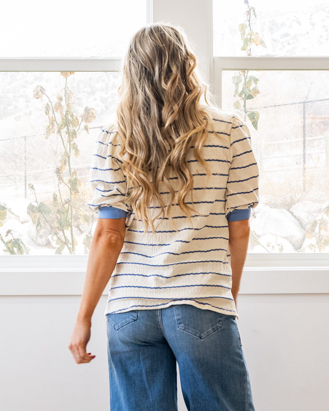 NEW! Alexa Textured Striped Puff Sleeve Top - Ivory & Denim