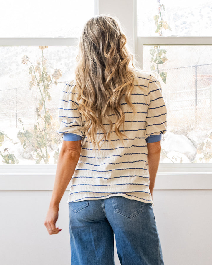NEW! Alexa Textured Striped Puff Sleeve Top - Ivory & Denim