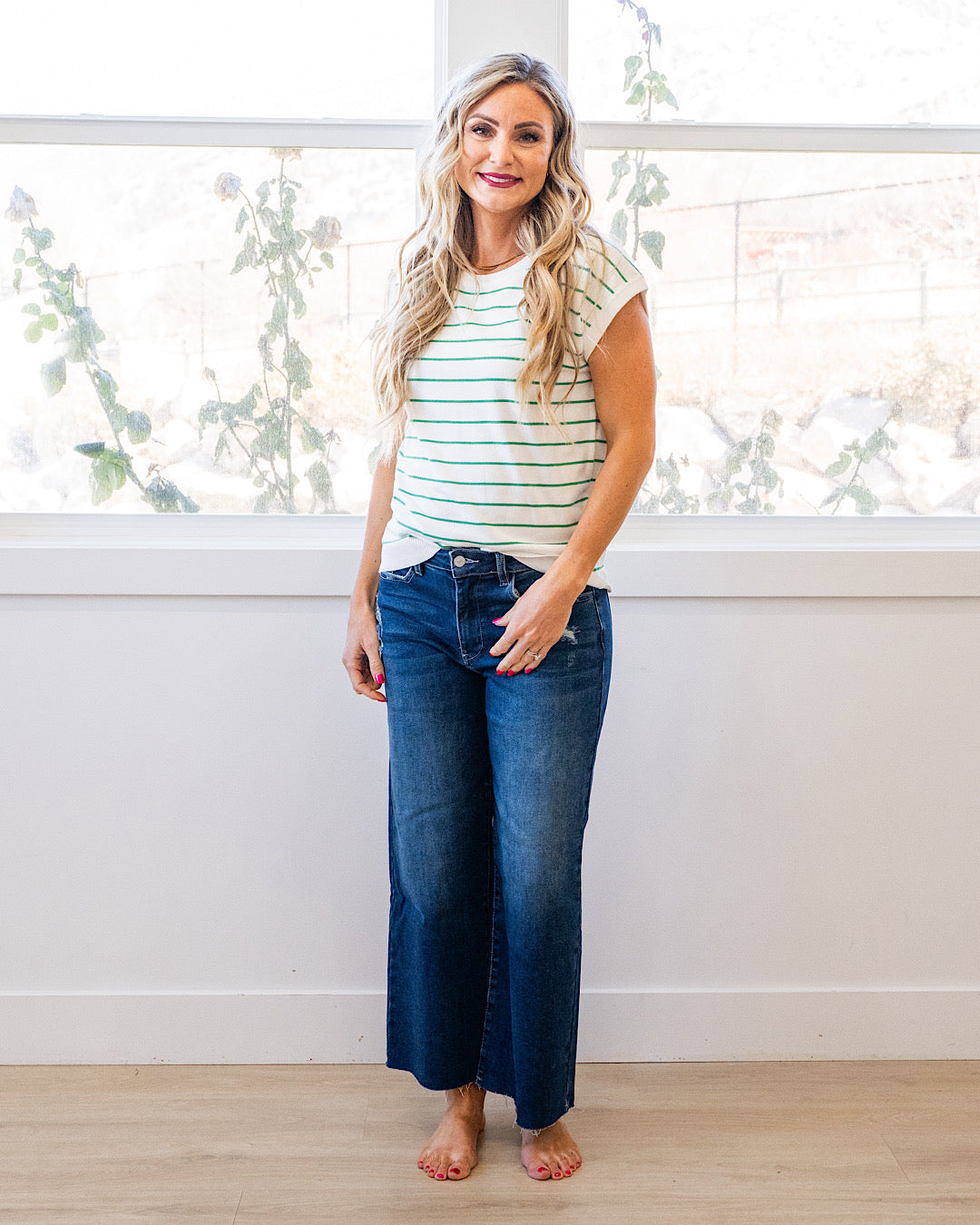 Allie Striped Short Sleeve Sweater - Ivory & Green Staccato
