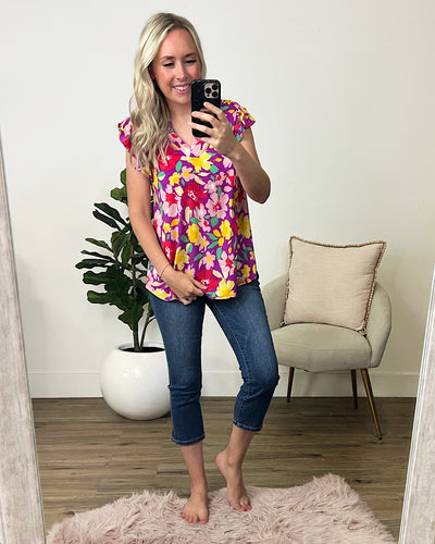 Kim Notched Neck Flutter Sleeve Top - Magenta Floral FINAL SALE  Dear Scarlett   