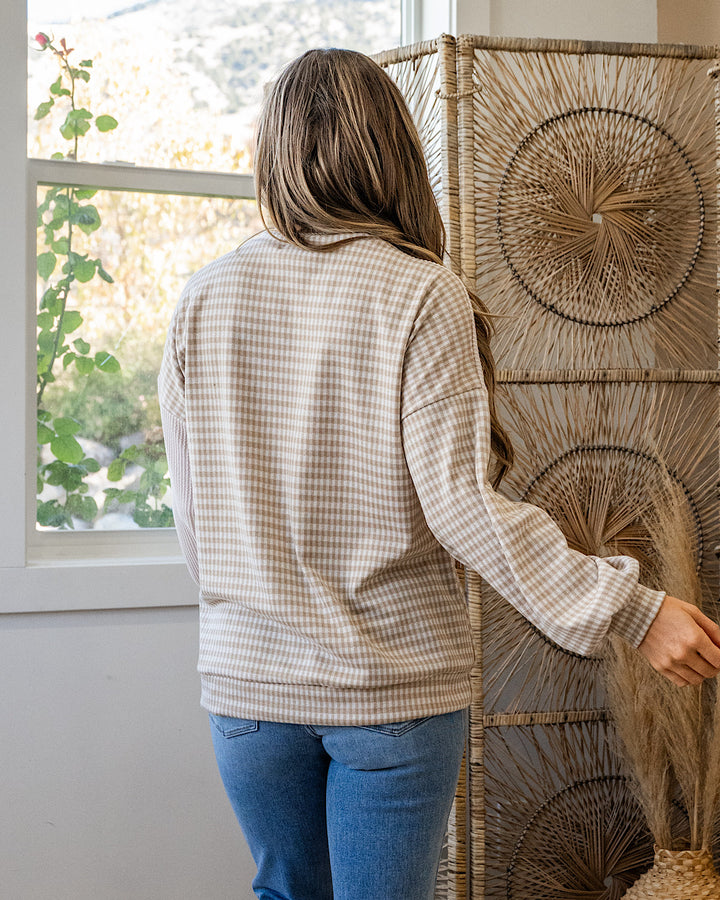 NEW! Cassie Mixed Fabric Henley Top - Taupe