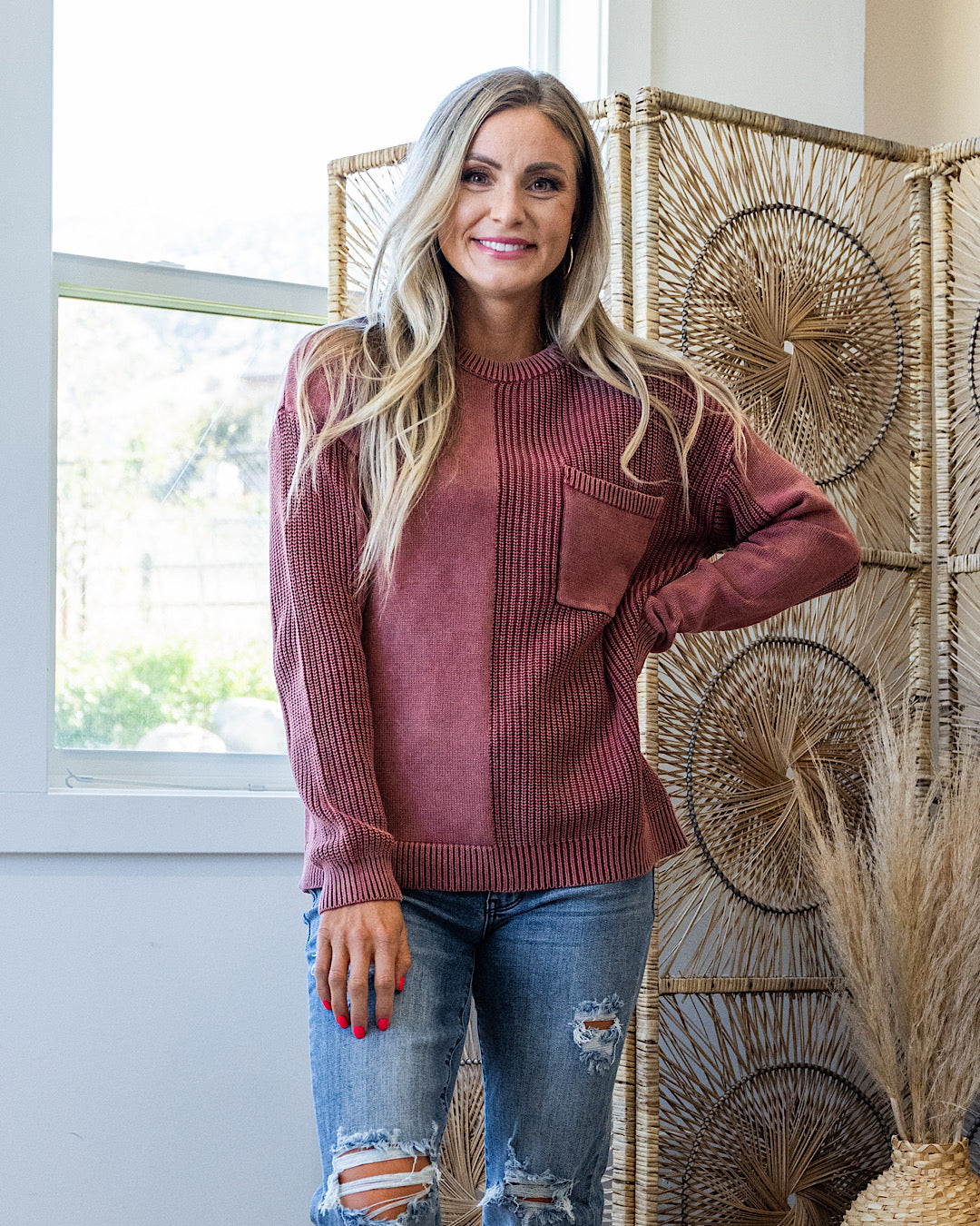 NEW! Tara Washed Pattern Block Sweater - Wine  Staccato   