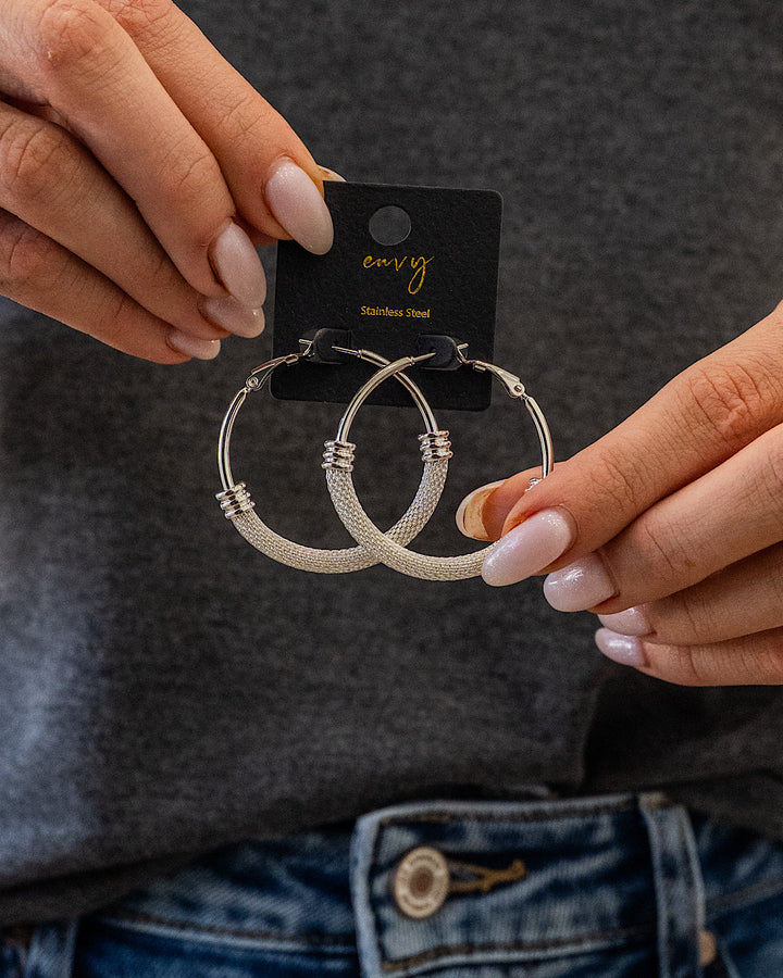 Stainless Steel Mesh Chain Hoop Earrings - Color Options Available! Trendy Wholesale Silver