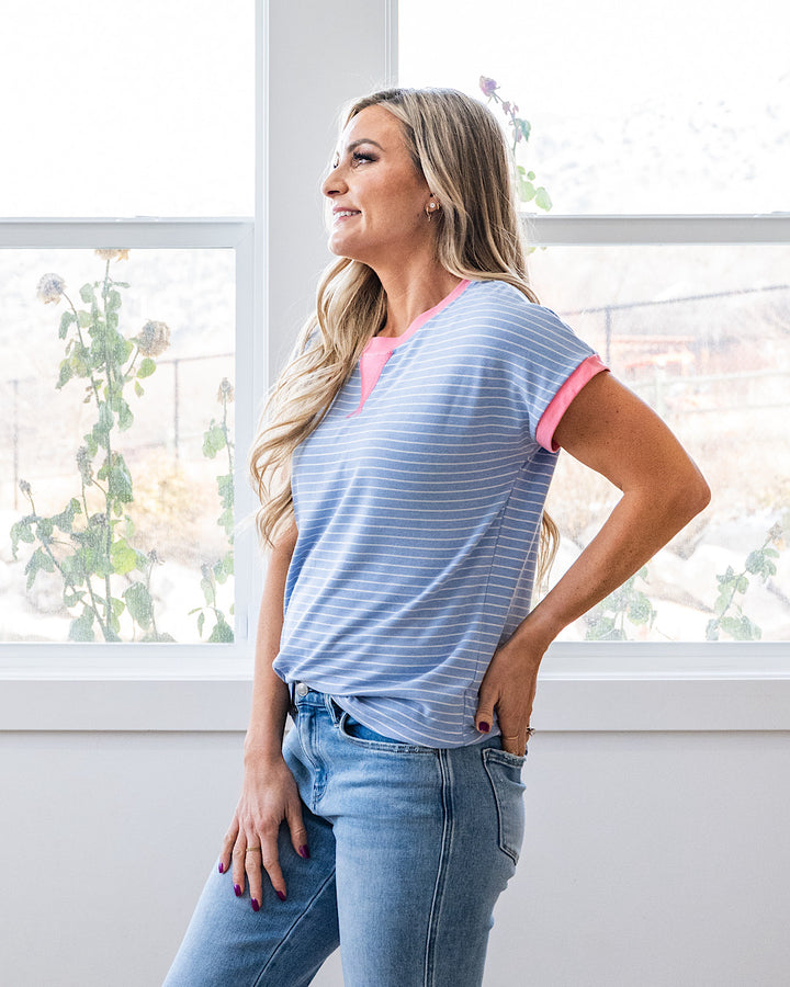 Izzy Striped Knit Top - Slate & Pink Staccato