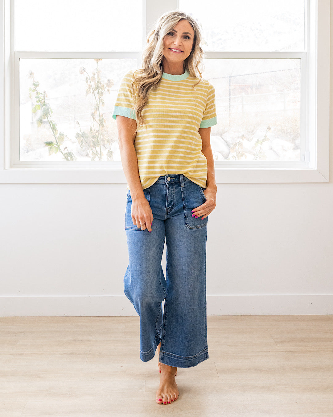 NEW! Asher Contrast Striped Cloud Knit Top - Mellow Yellow & Mint