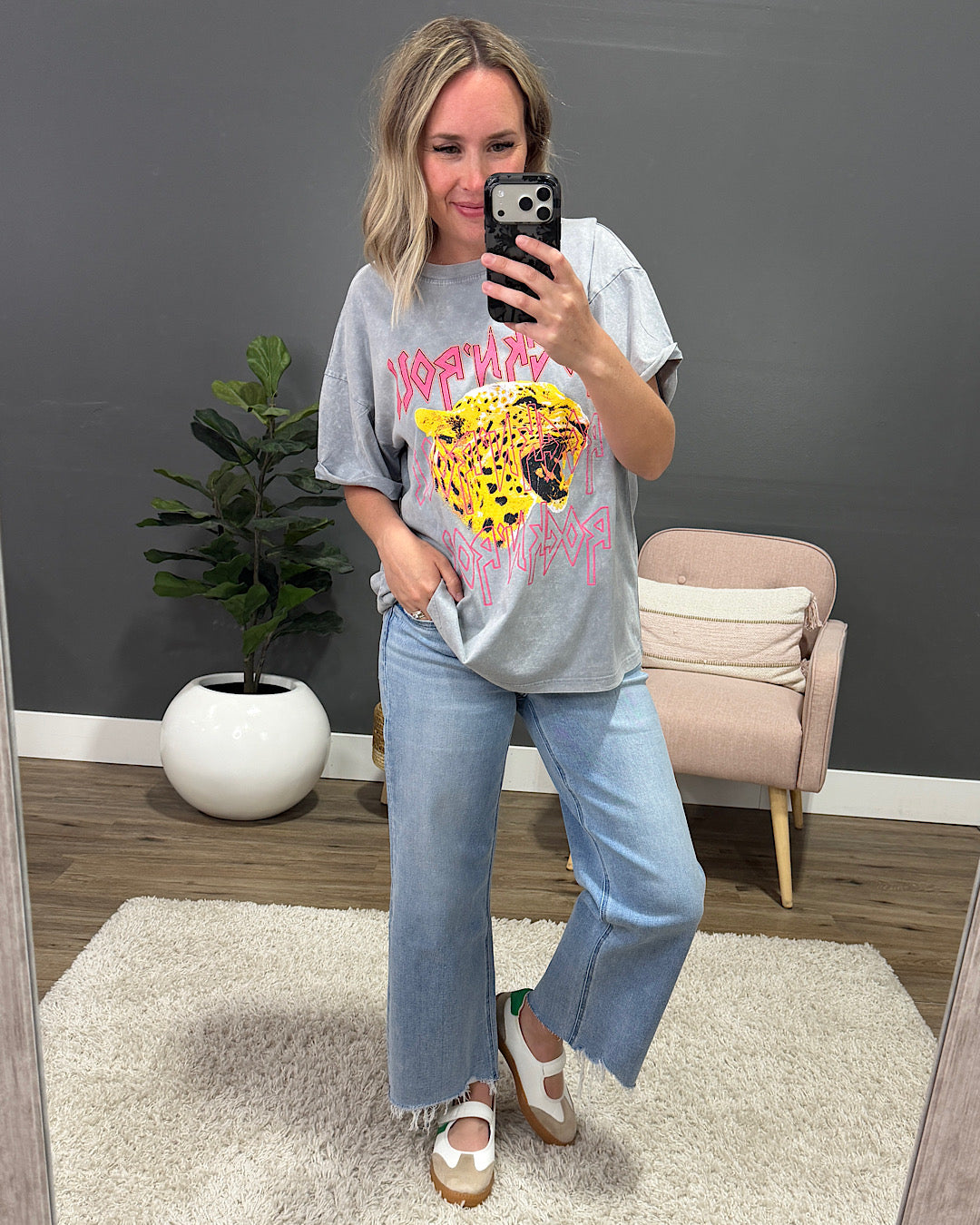 NEW! Rock N Roll Cheetah Vintage Gray Denim Tee Zutter