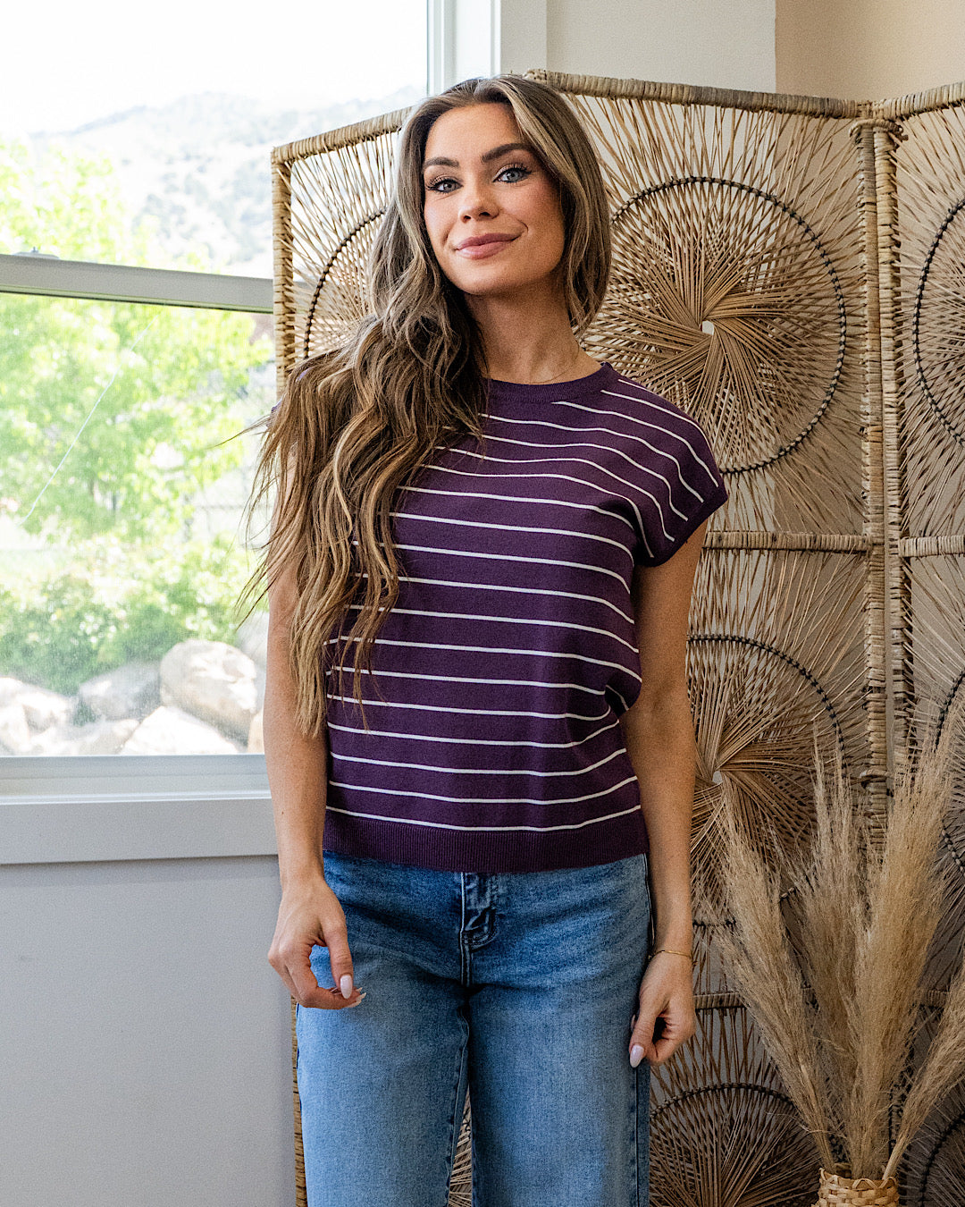 Allie Striped Short Sleeve Sweater - Color Options Available Staccato Eggplant